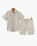 Linen Shirt and Shorts Set for Men with Drawstring Waist - Beige