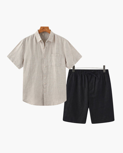 Linen Shirt and Shorts Set for Men with Drawstring Waist - Beige