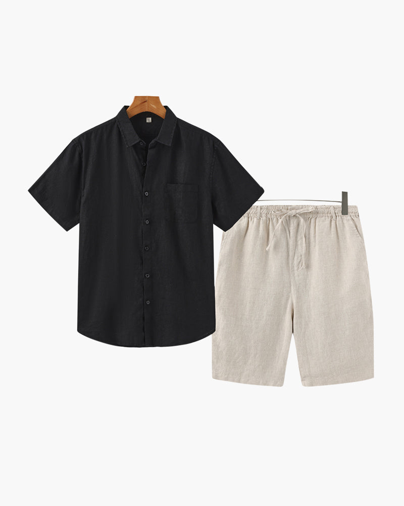 Linen Shirt and Shorts Set for Men with Drawstring Waist - Black