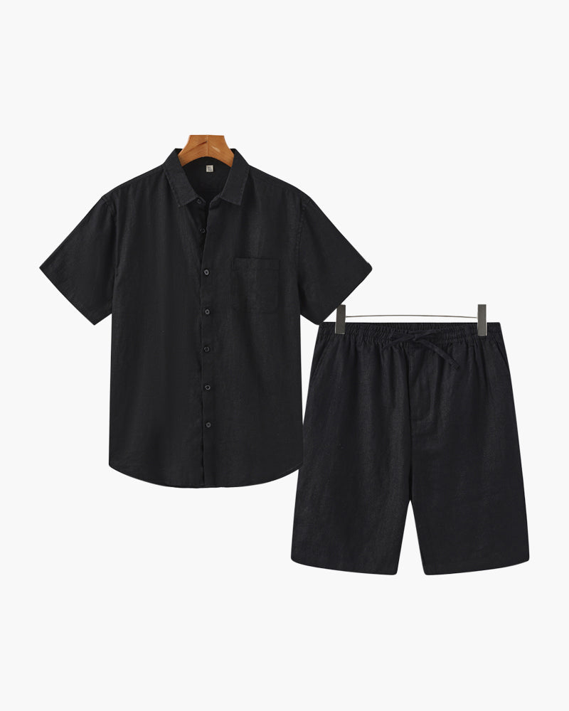 Linen Shirt and Shorts Set for Men with Drawstring Waist - Black