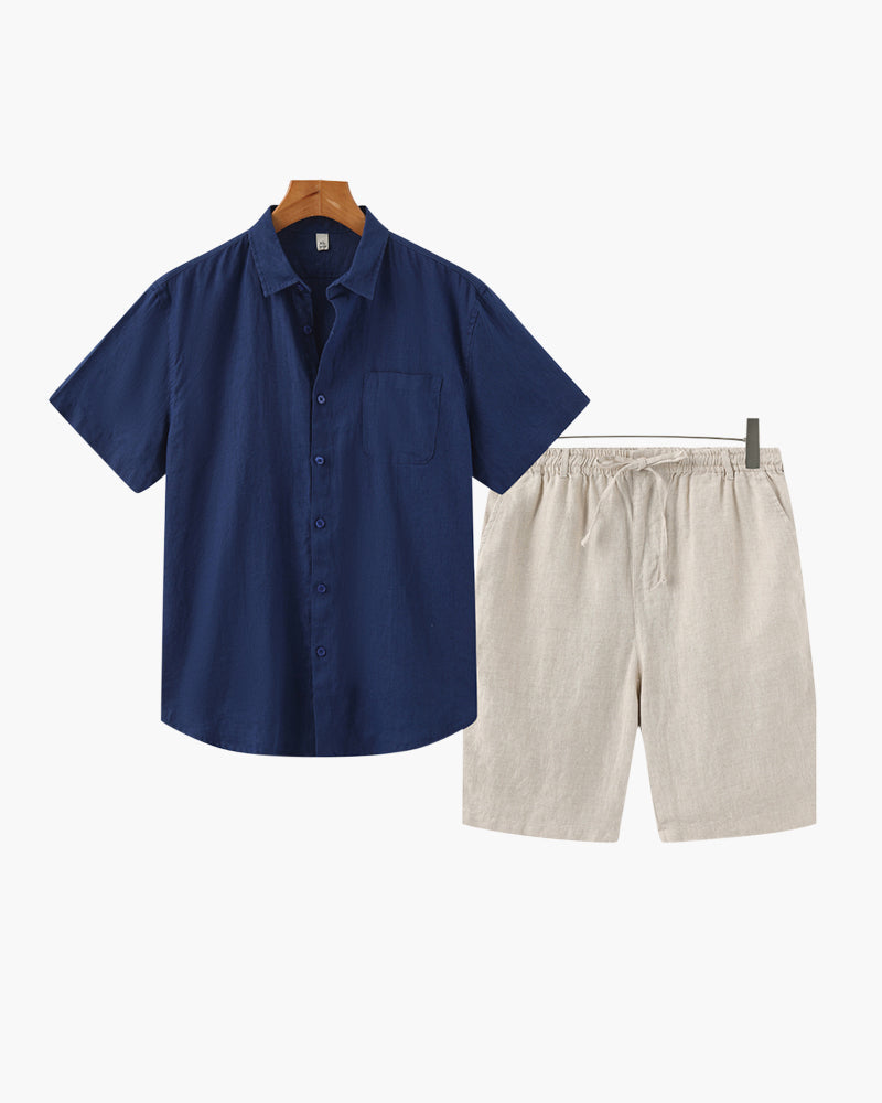 Linen Shirt and Shorts Set for Men with Drawstring Waist - Blue