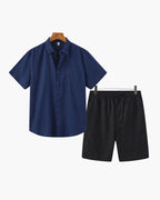 Linen Shirt and Shorts Set for Men with Drawstring Waist - Blue