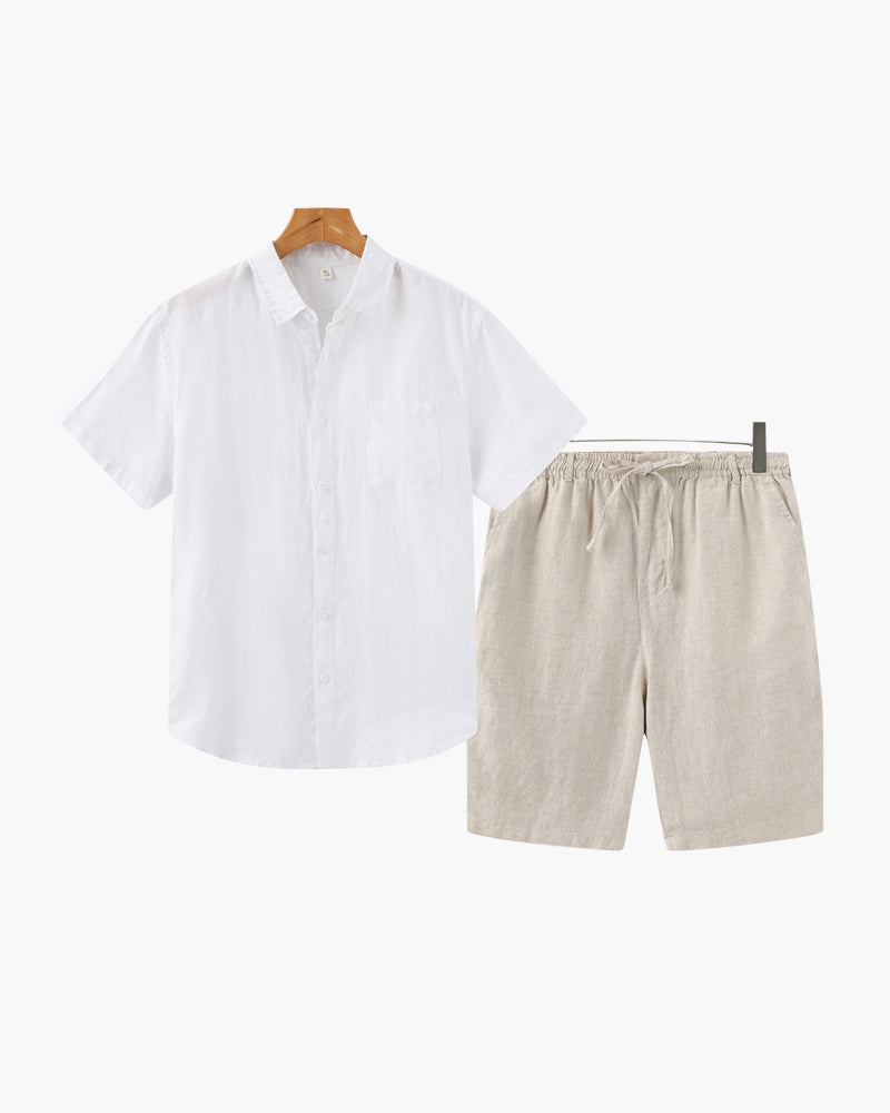 Linen Shirt and Shorts Set for Men with Drawstring Waist - White