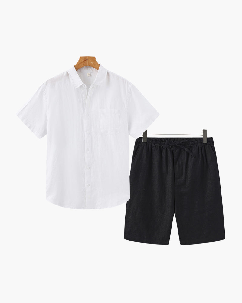 Linen Shirt and Shorts Set for Men with Drawstring Waist - White