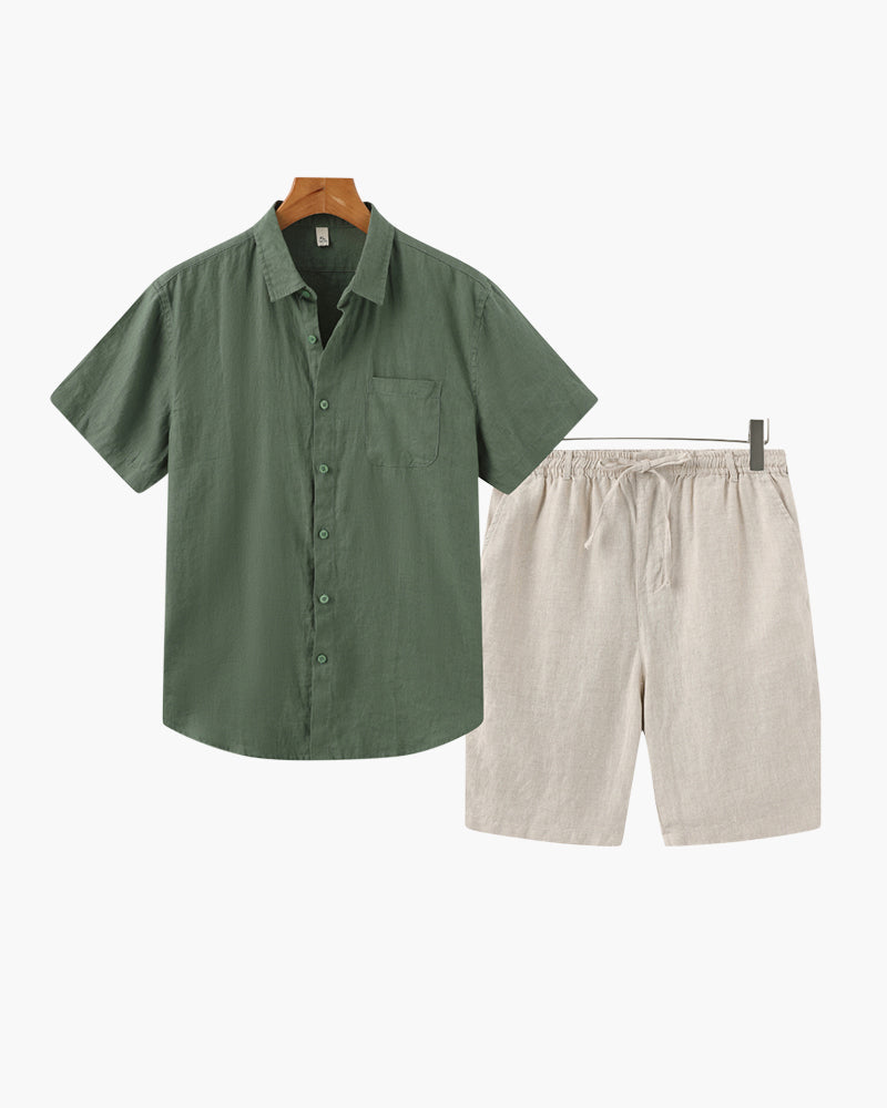 Linen Shirt and Shorts Set for Men with Drawstring Waist - Green