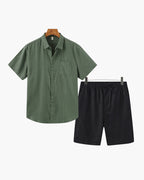 Linen Shirt and Shorts Set for Men with Drawstring Waist - Green