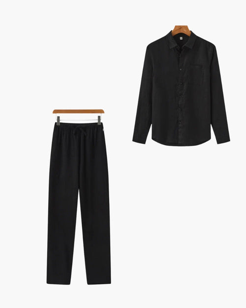 Linen Shirt and Trouser Set for Men, Monochrome Co-Ord - Black