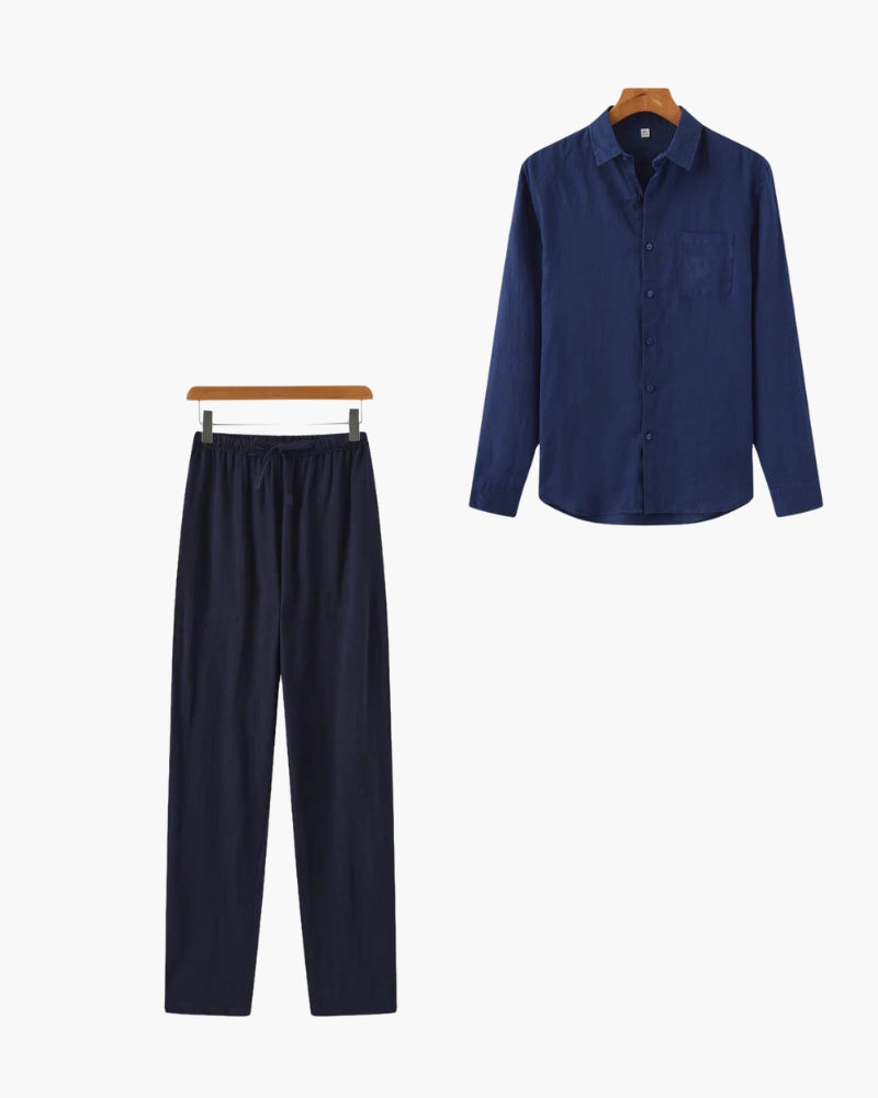 Linen Shirt and Trouser Set for Men, Monochrome Co-Ord - Navy