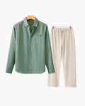 Long Sleeve Linen Shirt and Trouser Set for Men, Two Piece - Green