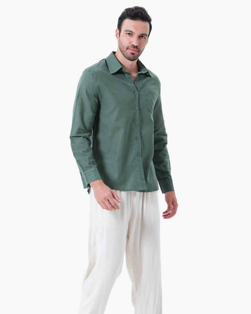 Long Sleeve Linen Shirt and Trouser Set for Men, Two Piece