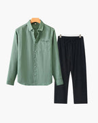Long Sleeve Linen Shirt and Trouser Set for Men, Two Piece - Green