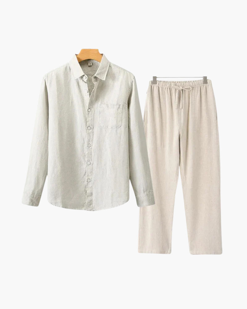 Long Sleeve Linen Shirt and Trouser Set for Men, Two Piece - Beige