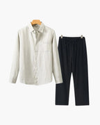 Long Sleeve Linen Shirt and Trouser Set for Men, Two Piece - Beige