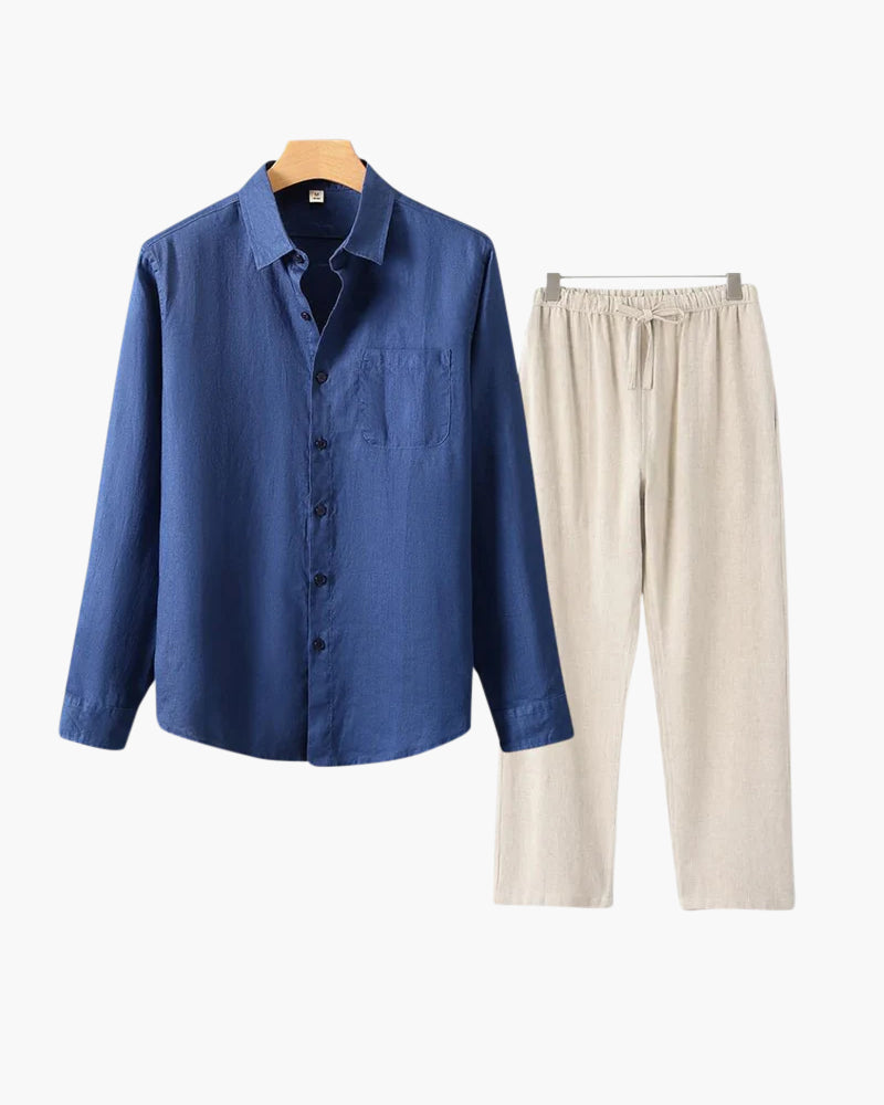 Long Sleeve Linen Shirt and Trouser Set for Men, Two Piece - Blue