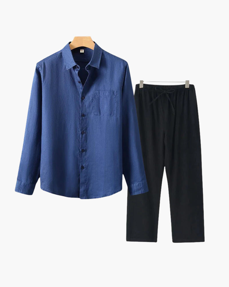 Long Sleeve Linen Shirt and Trouser Set for Men, Two Piece - Blue