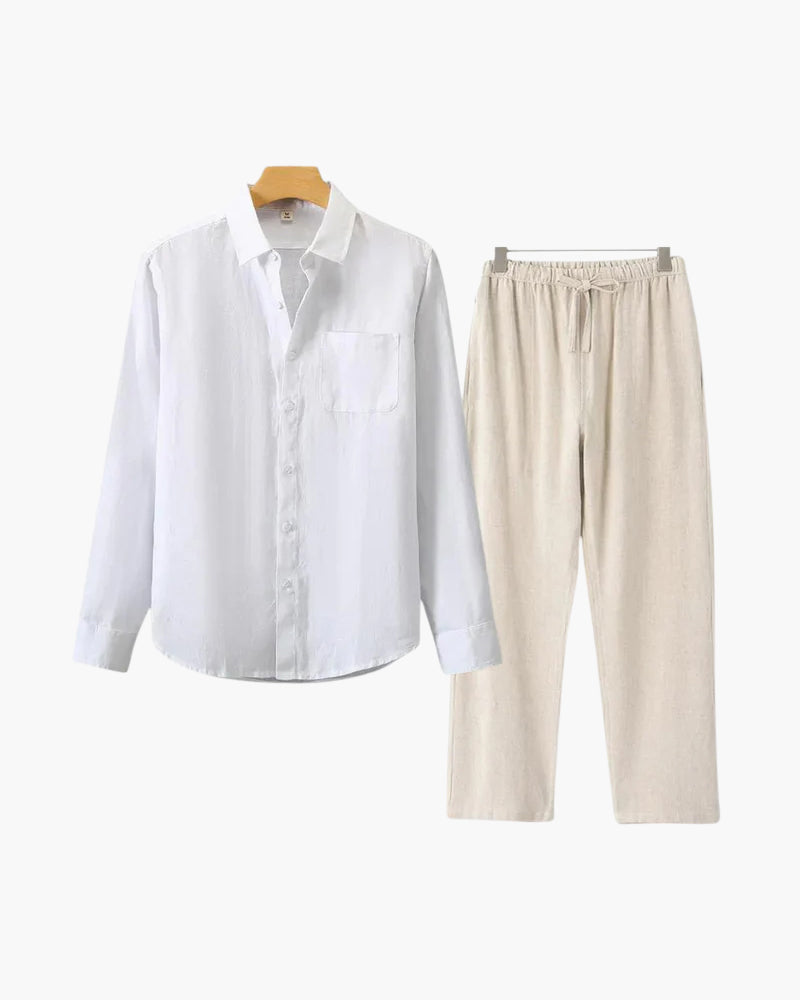 Long Sleeve Linen Shirt and Trouser Set for Men, Two Piece - White