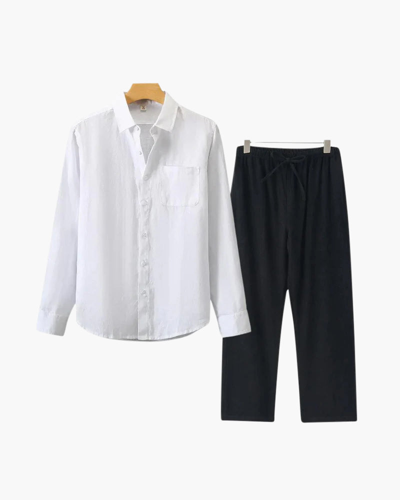 Long Sleeve Linen Shirt and Trouser Set for Men, Two Piece - White