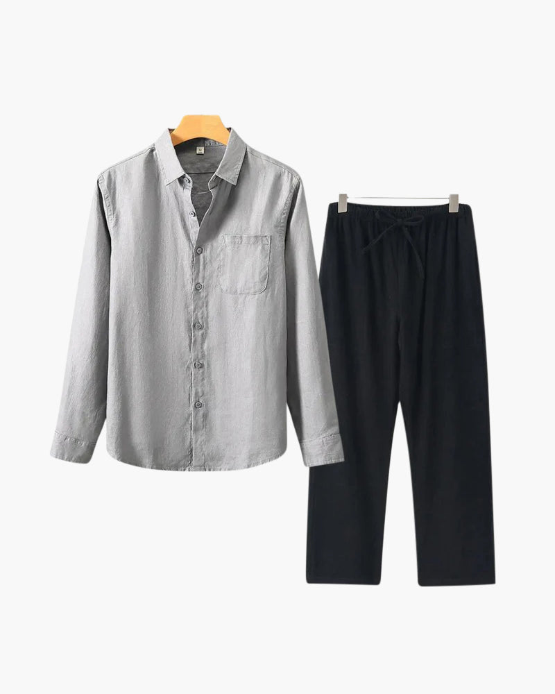 Long Sleeve Linen Shirt and Trouser Set for Men, Two Piece - Gray