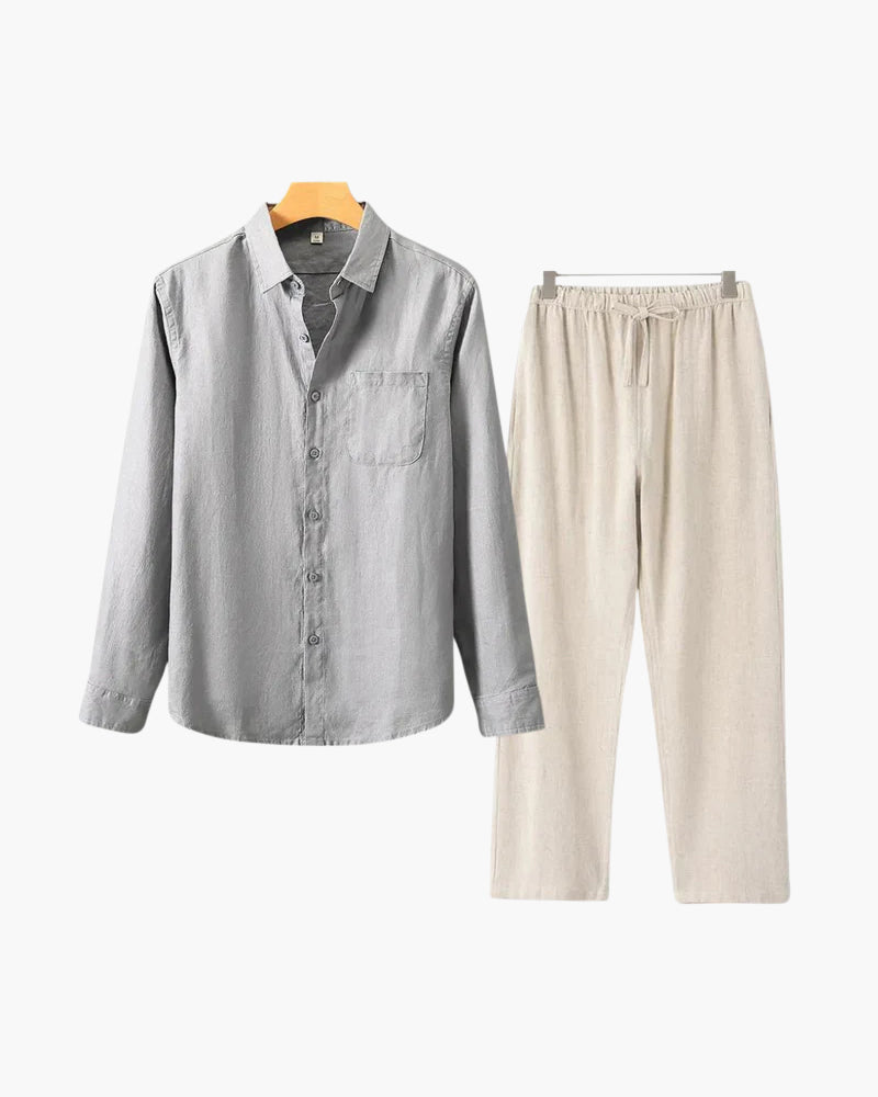 Long Sleeve Linen Shirt and Trouser Set for Men, Two Piece - Gray