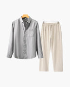 Long Sleeve Linen Shirt and Trouser Set for Men, Two Piece - Gray