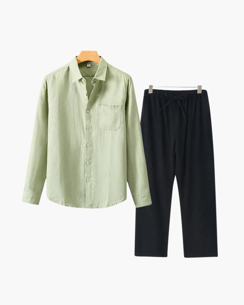 Long Sleeve Linen Shirt and Trouser Set for Men, Two Piece - Mint Green