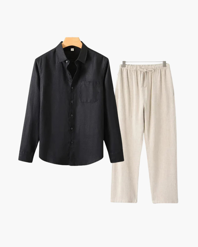 Long Sleeve Linen Shirt and Trouser Set for Men, Two Piece - Black
