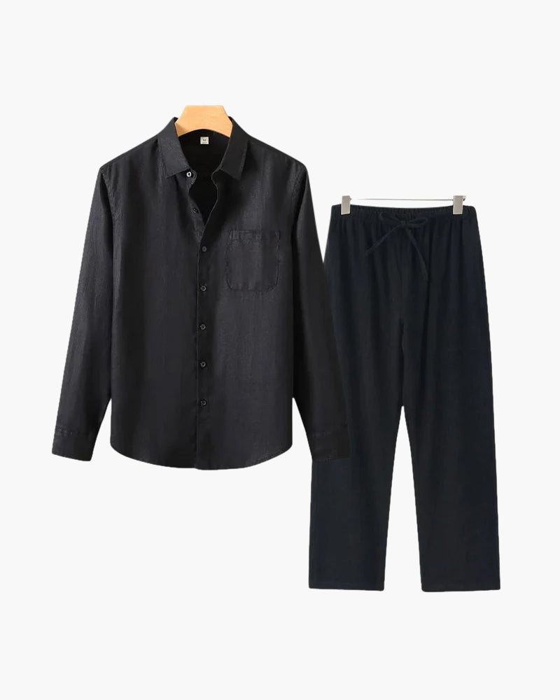 Long Sleeve Linen Shirt and Trouser Set for Men, Two Piece - Black