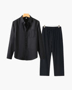 Long Sleeve Linen Shirt and Trouser Set for Men, Two Piece - Black