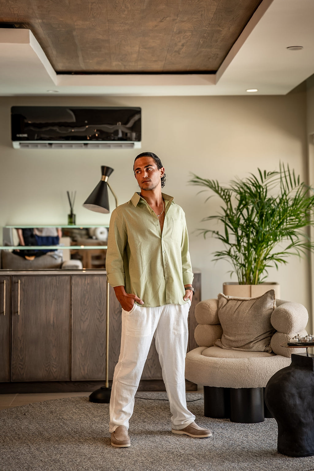 Long Sleeve Linen Shirt and Trouser Set for Men, Two Piece