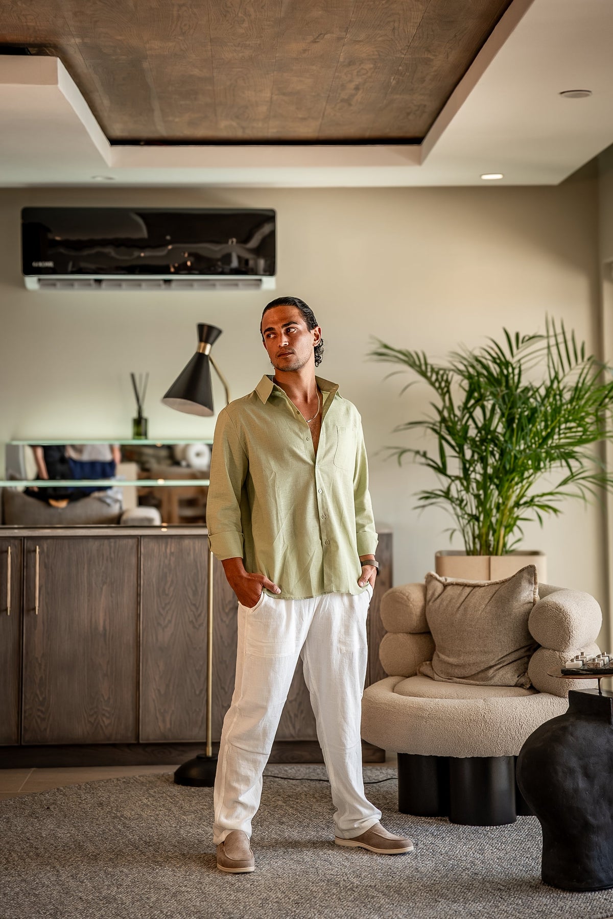Long Sleeve Linen Shirt and Trouser Set for Men, Two Piece