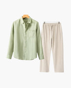 Long Sleeve Linen Shirt and Trouser Set for Men, Two Piece - Mint Green