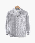 Men's Cable Knit Half-Zip Sweater with Ribbed Collar - Gray