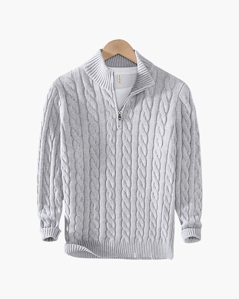 Men's Cable Knit Half-Zip Sweater with Ribbed Collar - Gray