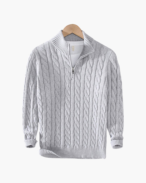 Men's Cable Knit Half-Zip Sweater with Ribbed Collar - Gray