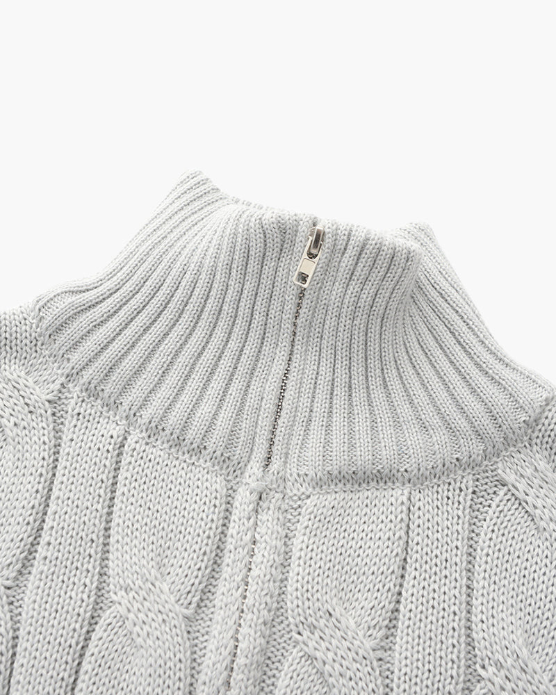 Men's Cable Knit Half-Zip Sweater with Ribbed Collar
