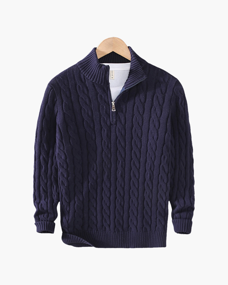 Men's Cable Knit Half-Zip Sweater with Ribbed Collar - Marine Blue