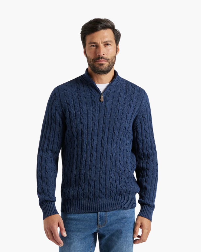 Men's Cable Knit Half-Zip Sweater with Ribbed Collar