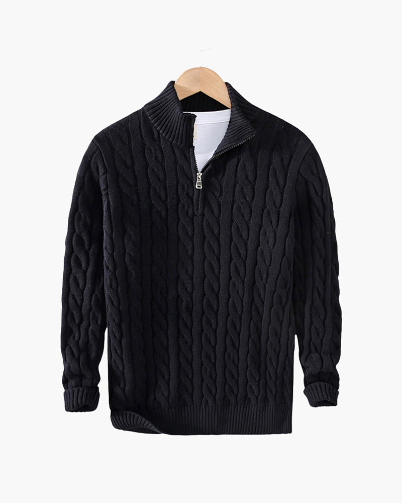 Men's Cable Knit Half-Zip Sweater with Ribbed Collar - Black