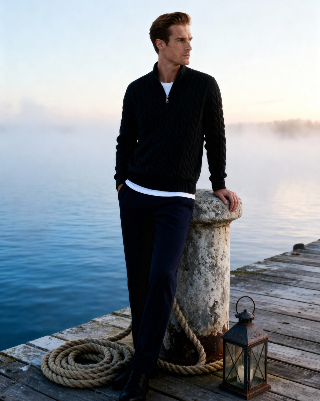 Men's Cable Knit Half-Zip Sweater with Ribbed Collar