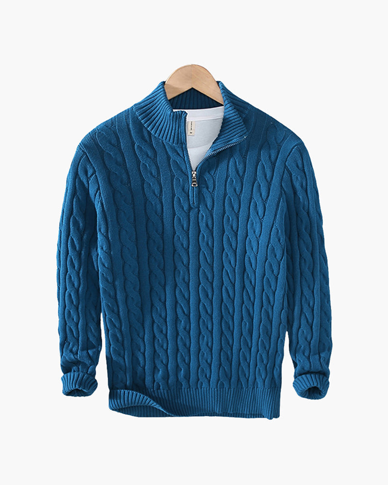 Men's Cable Knit Half-Zip Sweater with Ribbed Collar - Light Blue