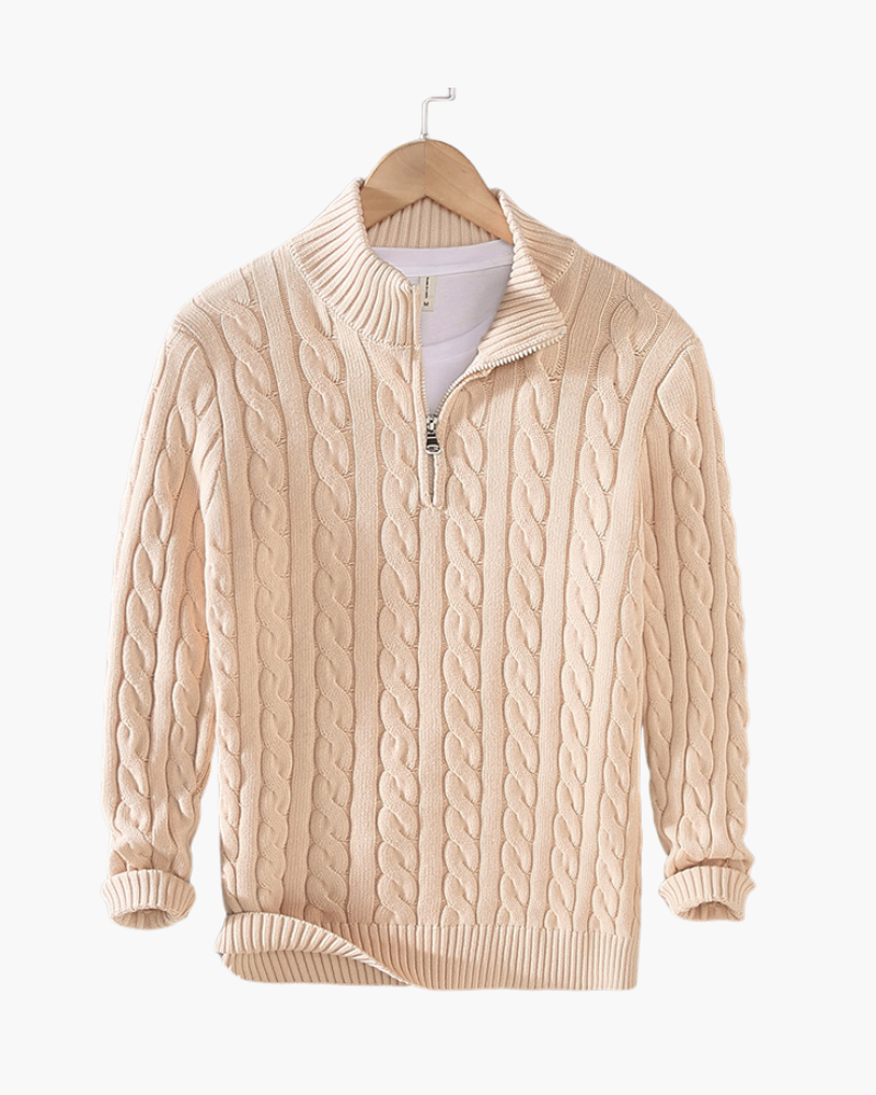 Men's Cable Knit Half-Zip Sweater with Ribbed Collar