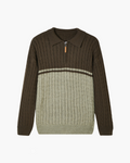 Men's Cable Knit Zip Polo Sweater with Contrast Panels - Brown