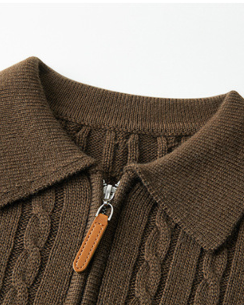 Men's Cable Knit Zip Polo Sweater with Contrast Panels