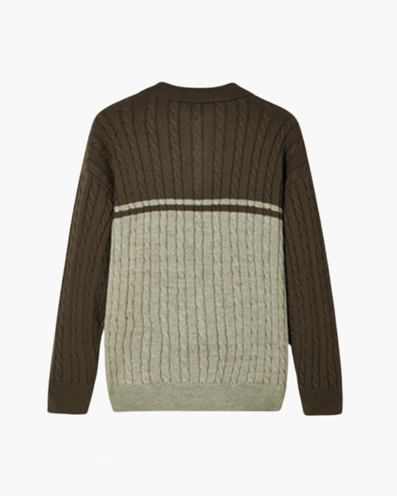 Men's Cable Knit Zip Polo Sweater with Contrast Panels