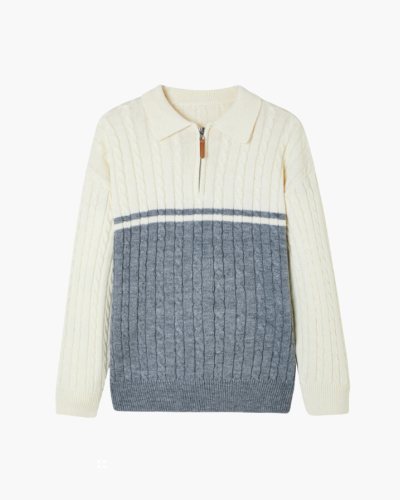 Men's Cable Knit Zip Polo Sweater with Contrast Panels - Blue Gray