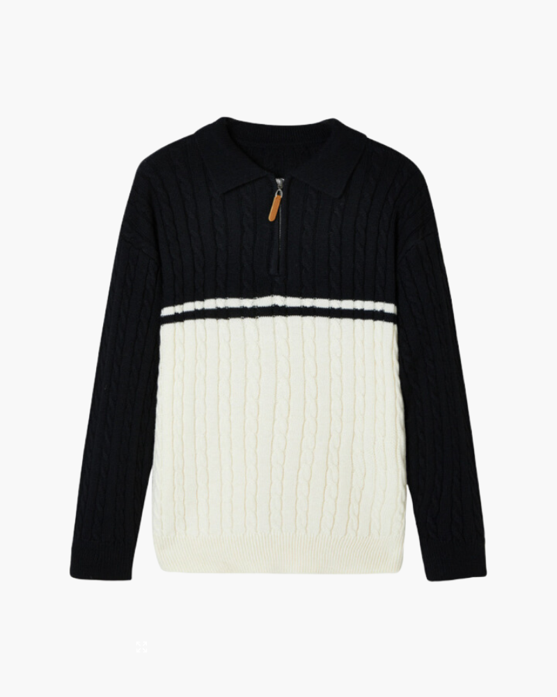 Men's Cable Knit Zip Polo Sweater with Contrast Panels - Black