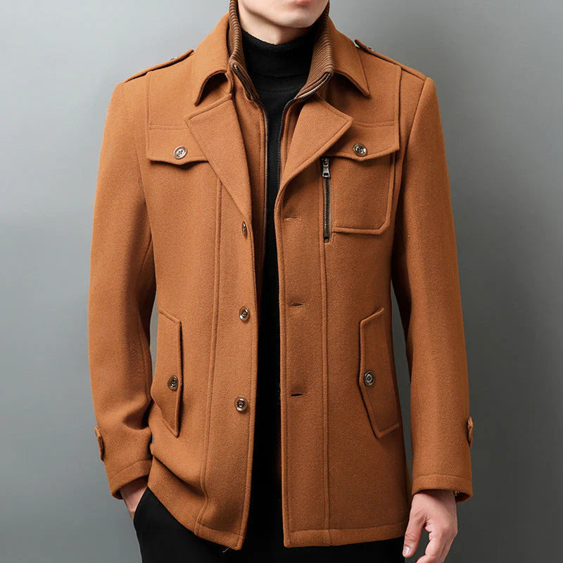 Men's Car Coat with Layered Stand Collar and Flap Pockets - Yellow Brown