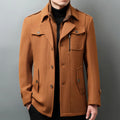 Men's Car Coat with Layered Stand Collar and Flap Pockets - Yellow Brown