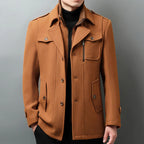 Men's Car Coat with Layered Stand Collar and Flap Pockets - Yellow Brown