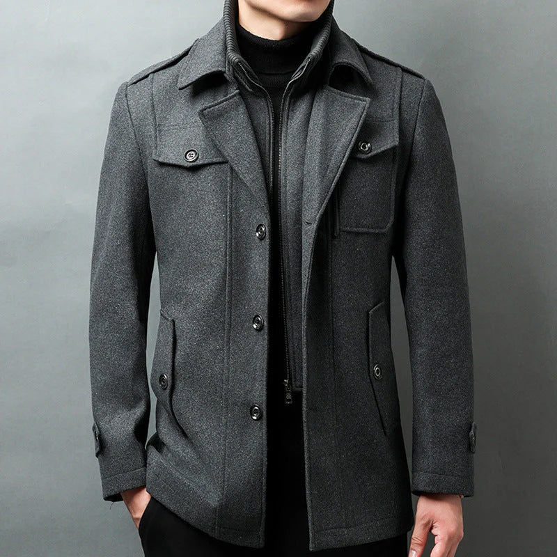 Men's Car Coat with Layered Stand Collar and Flap Pockets - Dark Gray